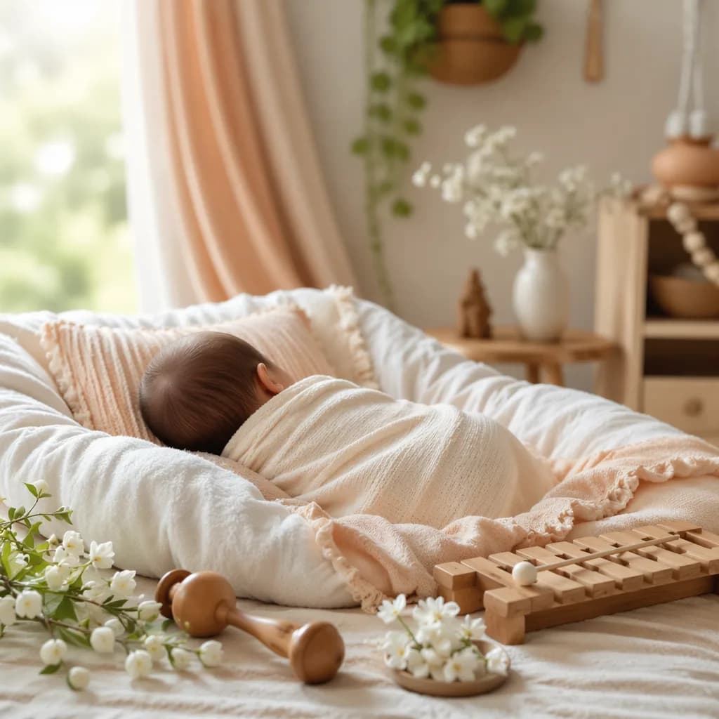 A softly lit newborn in a pastel nursery with jasmine flowers and a wooden rattle.