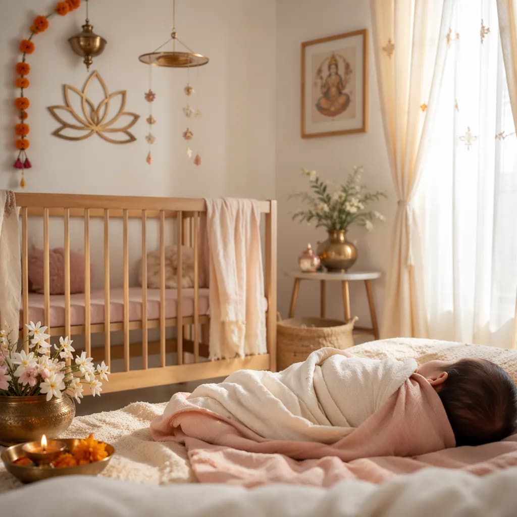 Soft pastel nursery with a peacefully swaddled baby and elegant Indian-inspired floral accents.
