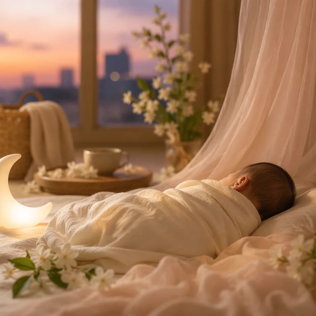 A softly lit nursery with a swaddled baby, pastel fabrics, jasmine, and a crescent night light.
