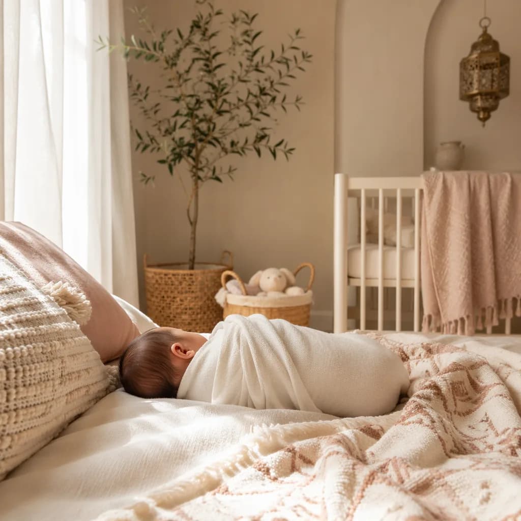A softly lit cozy nursery with a swaddled newborn and gentle pastel textiles.