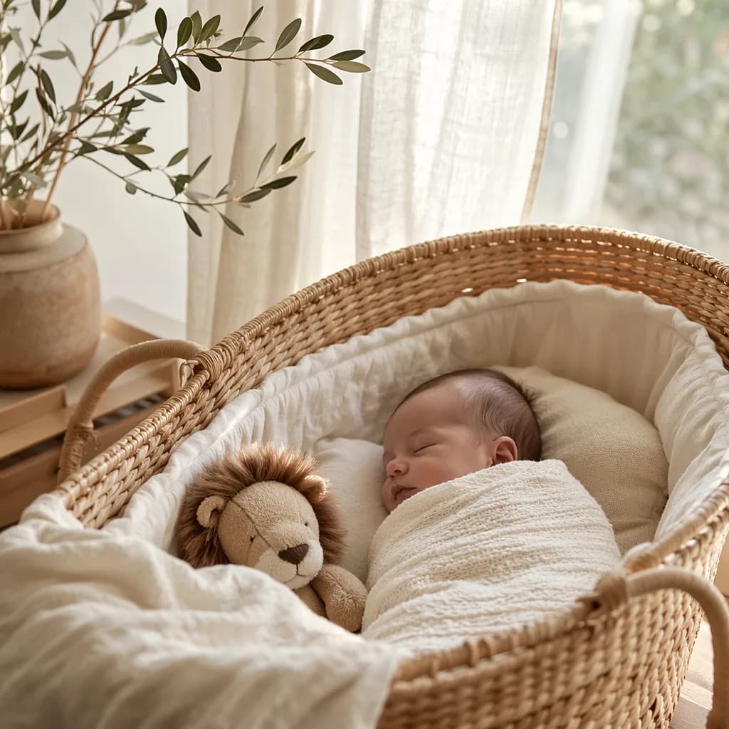 Sleeping baby in a soft Italian-style nursery with a plush lion and warm pastel light.