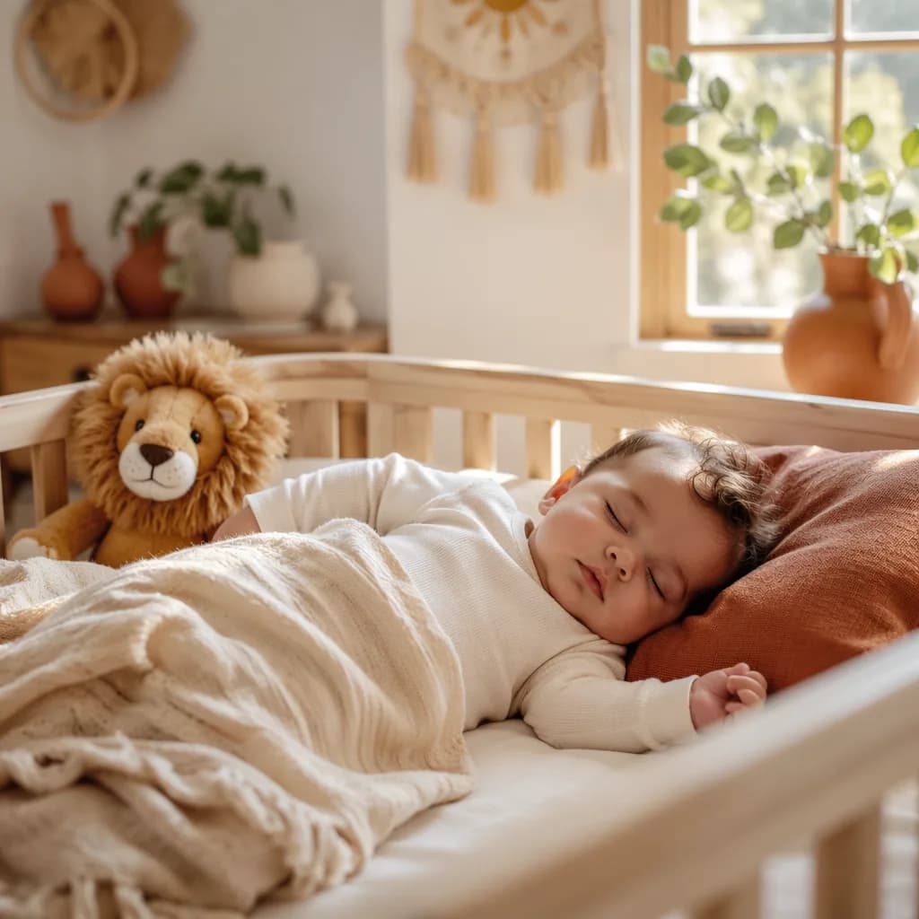 Sleeping baby in a soft pastel nursery with a plush lion toy.