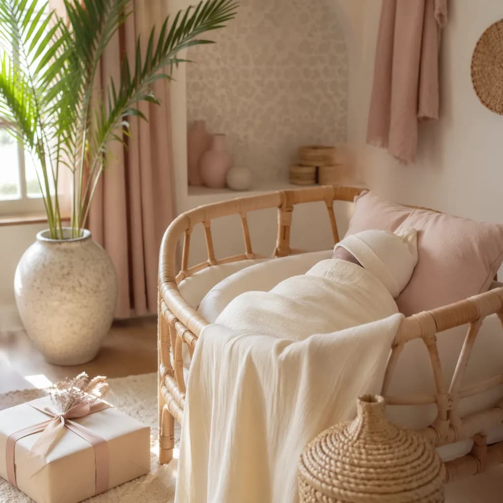 Soft pastel nursery with a swaddled sleeping baby, palm fronds, and a small gift.