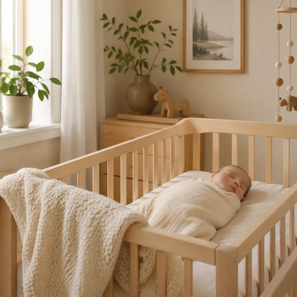 Cozy Scandinavian nursery with a swaddled sleeping baby and soft green leaves.
