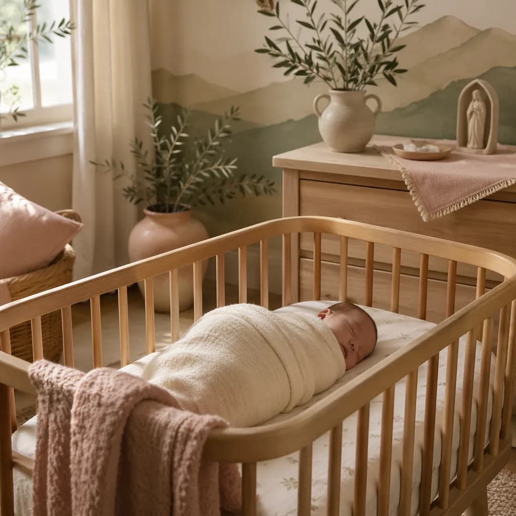A softly lit pastel nursery with a sleeping swaddled baby and gentle Spanish-inspired details.