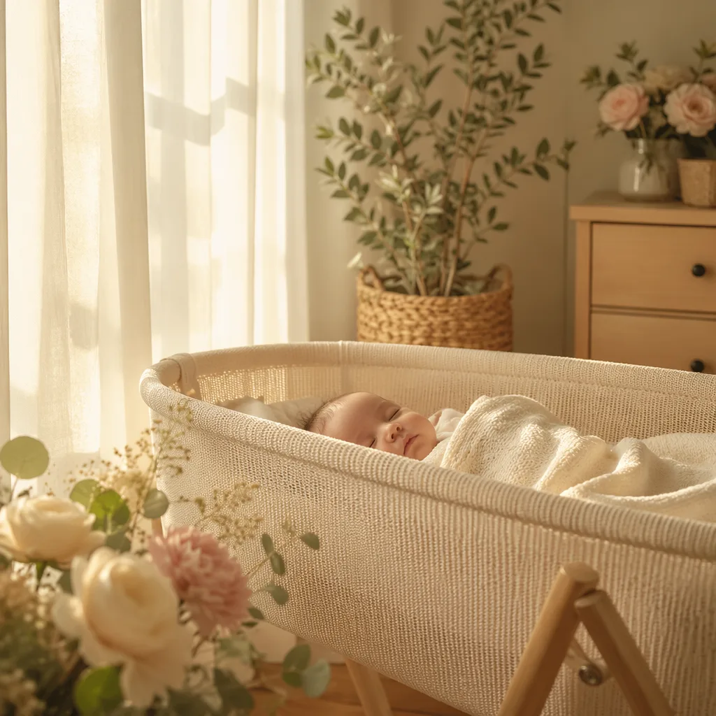 A softly lit pastel nursery with a sleeping baby in a cream bassinet.