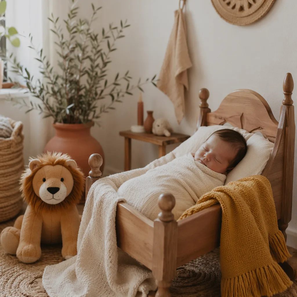 A softly lit nursery with a swaddled baby, plush lion, and warm Spanish-inspired decor.