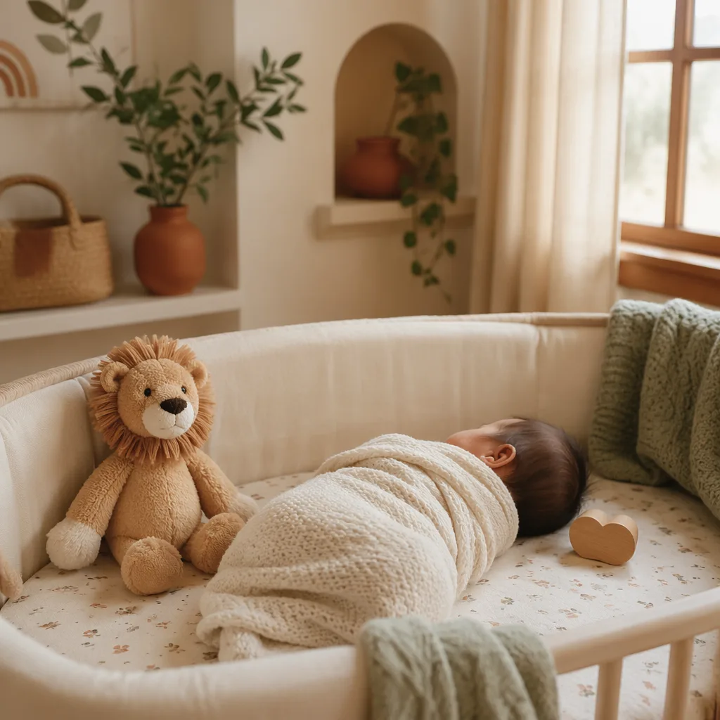 Peaceful Spanish-inspired nursery with a swaddled baby, plush lion, and soft heart accents.