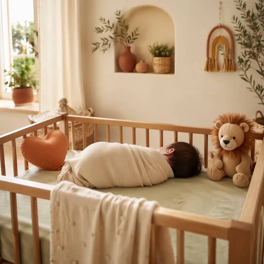 A softly lit modern nursery with a swaddled baby, plush lion, and heart-shaped cushion.
