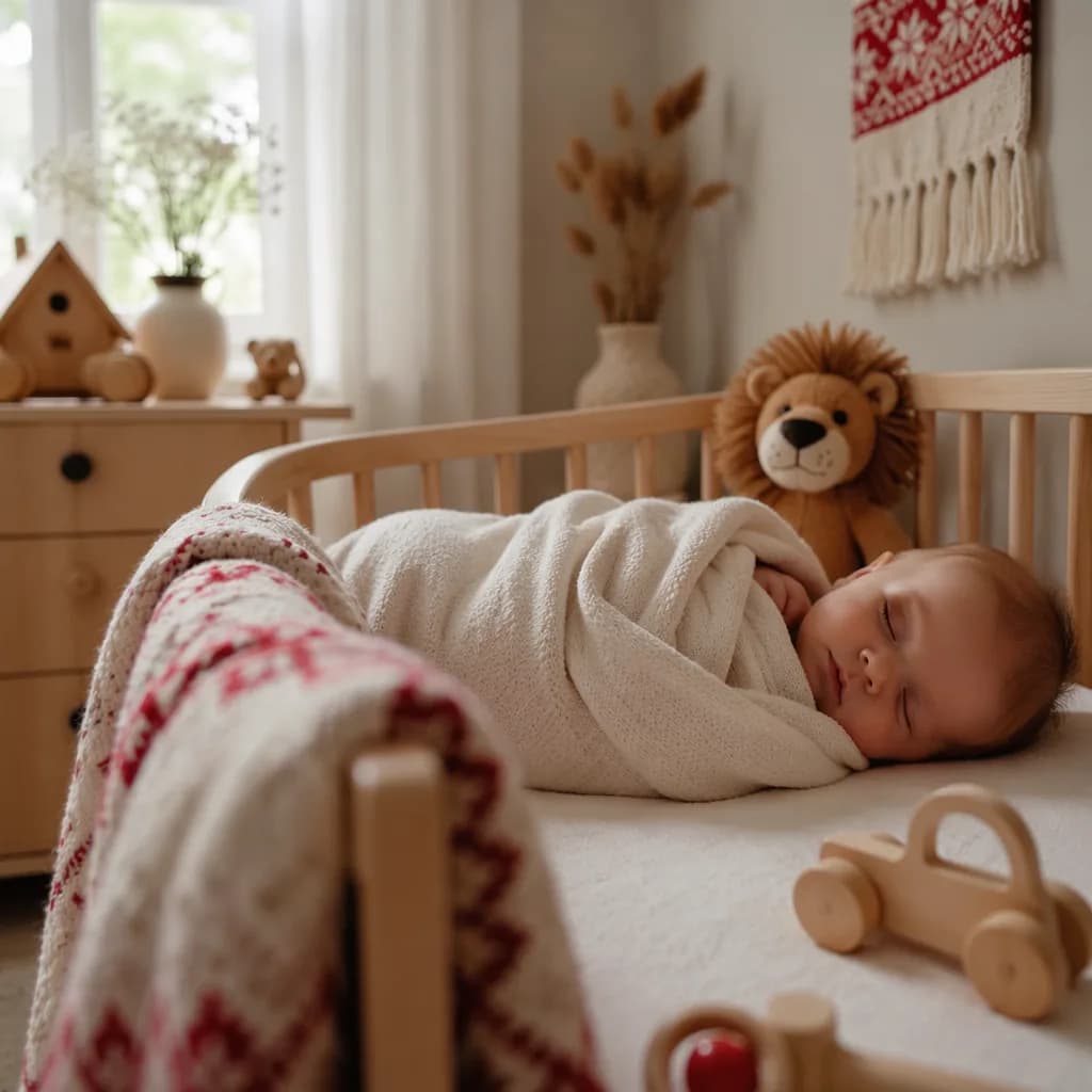 Sleeping baby in a soft pastel nursery with a plush lion.