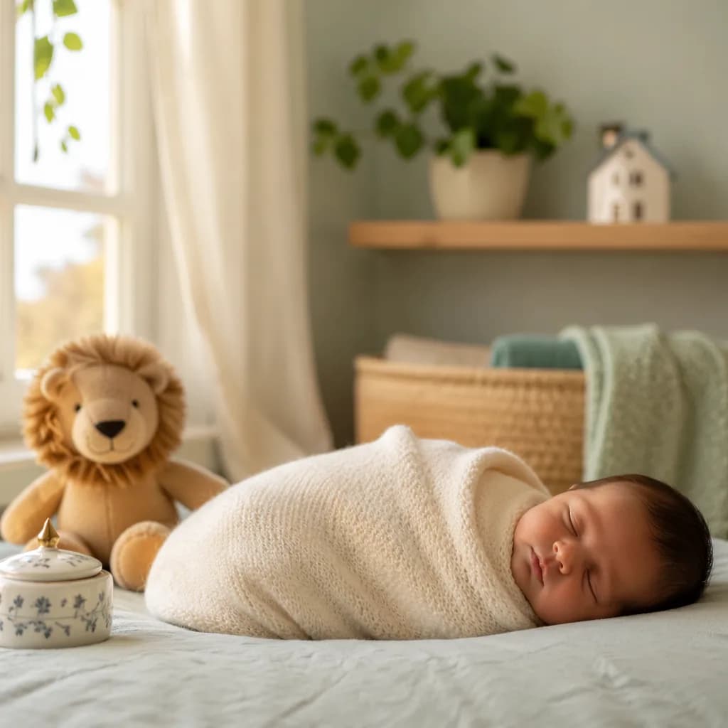 Sleeping baby in a cozy pastel nursery with a plush lion, keepsake box, and soft greenery.