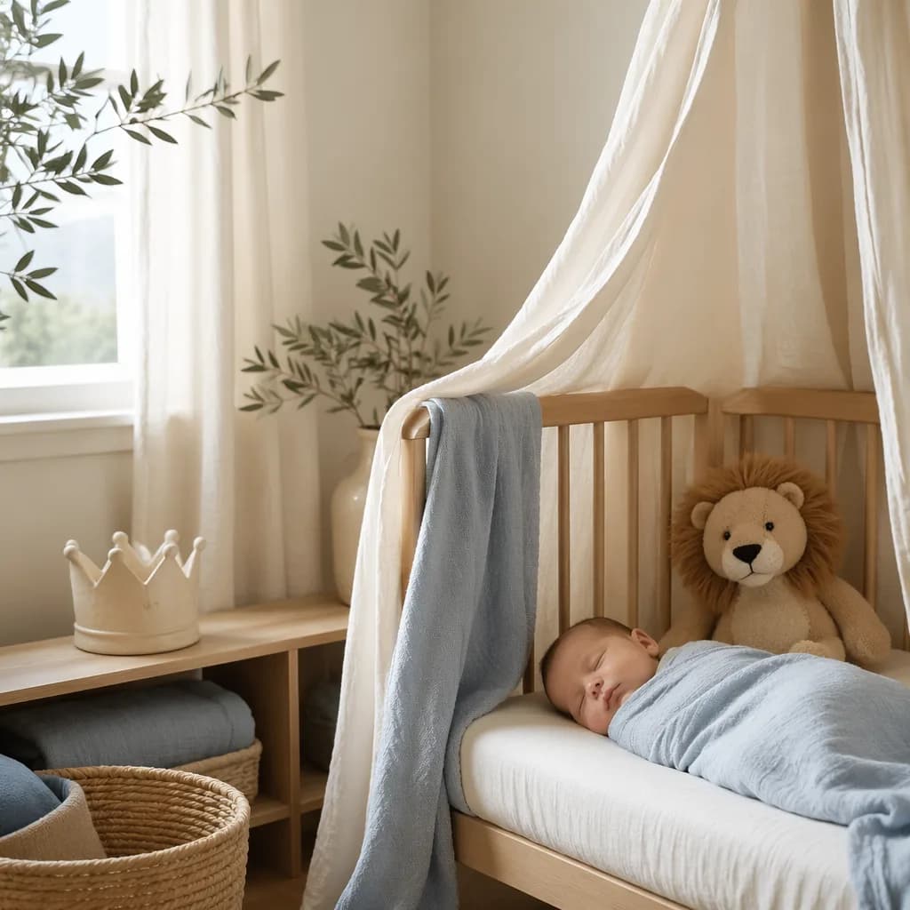 Soft Greek-inspired nursery with a sleeping baby, plush lion, olive branches, and gentle pastel light.