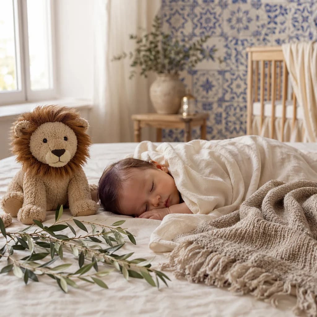 Soft pastel Portuguese nursery with a sleeping baby, plush lion, olive branches, and cozy linen details.