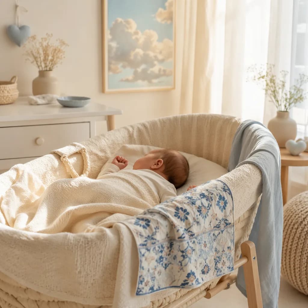 Peaceful newborn in a soft pastel Portuguese-inspired nursery with warm natural light.