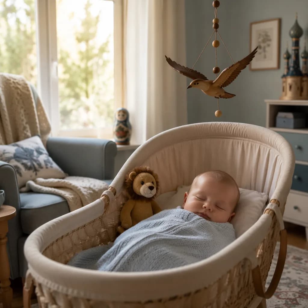 Sleeping baby in a cozy pastel nursery with a plush lion and falcon mobile.