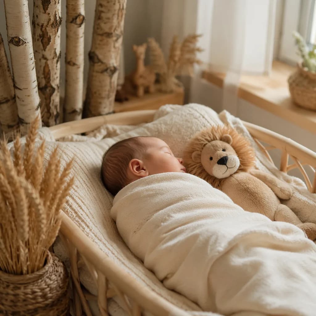 A cozy pastel nursery with a swaddled baby, plush lion, and natural birch and wheat accents.