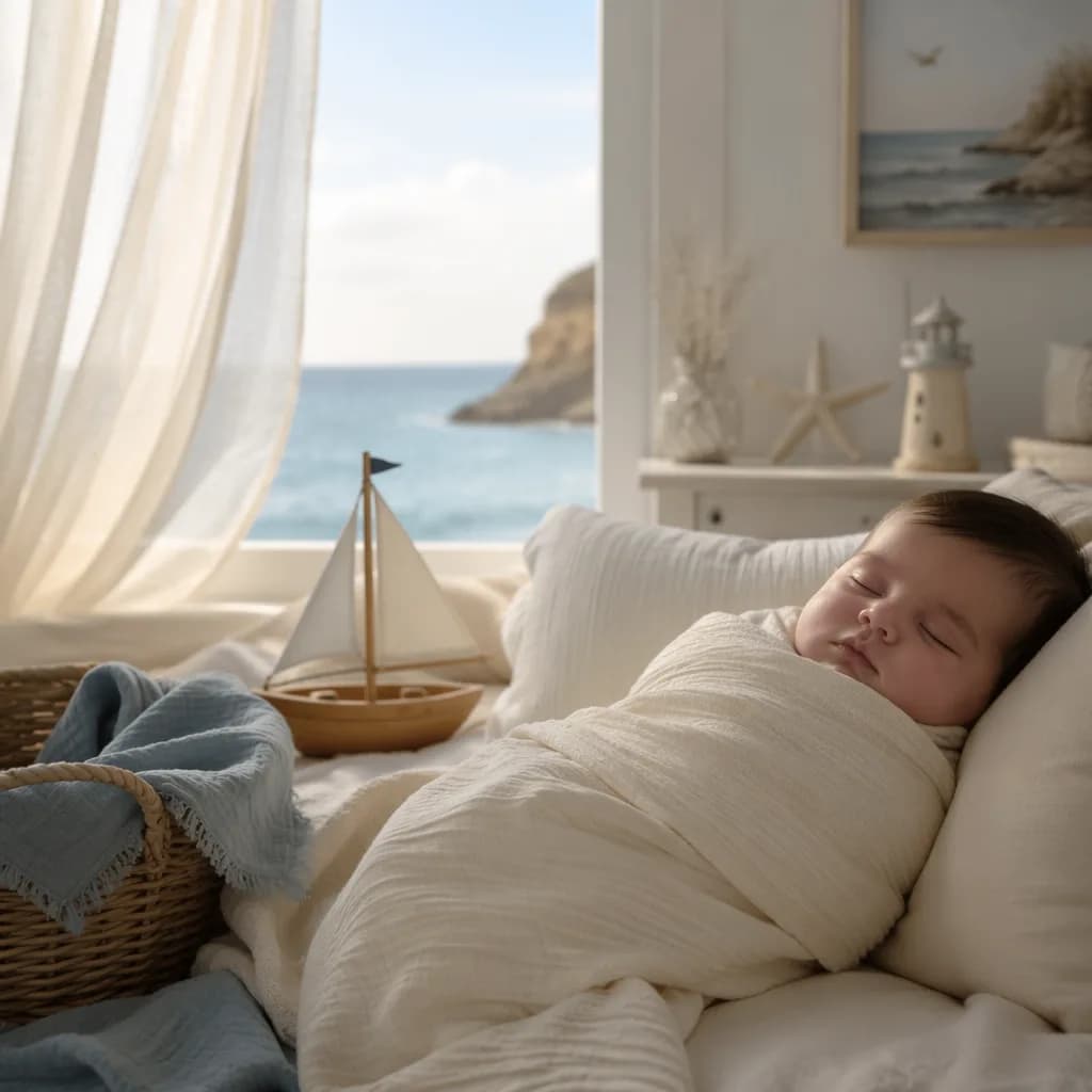 Sleeping swaddled baby in a soft pastel nursery with a small wooden sailboat toy.