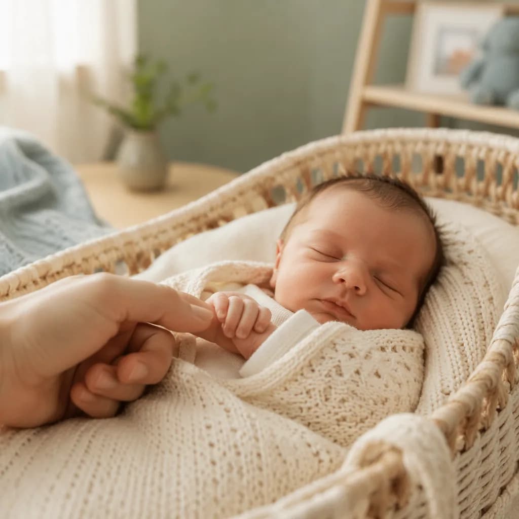 Sleeping swaddled baby holding a parent’s finger in a soft pastel nursery.