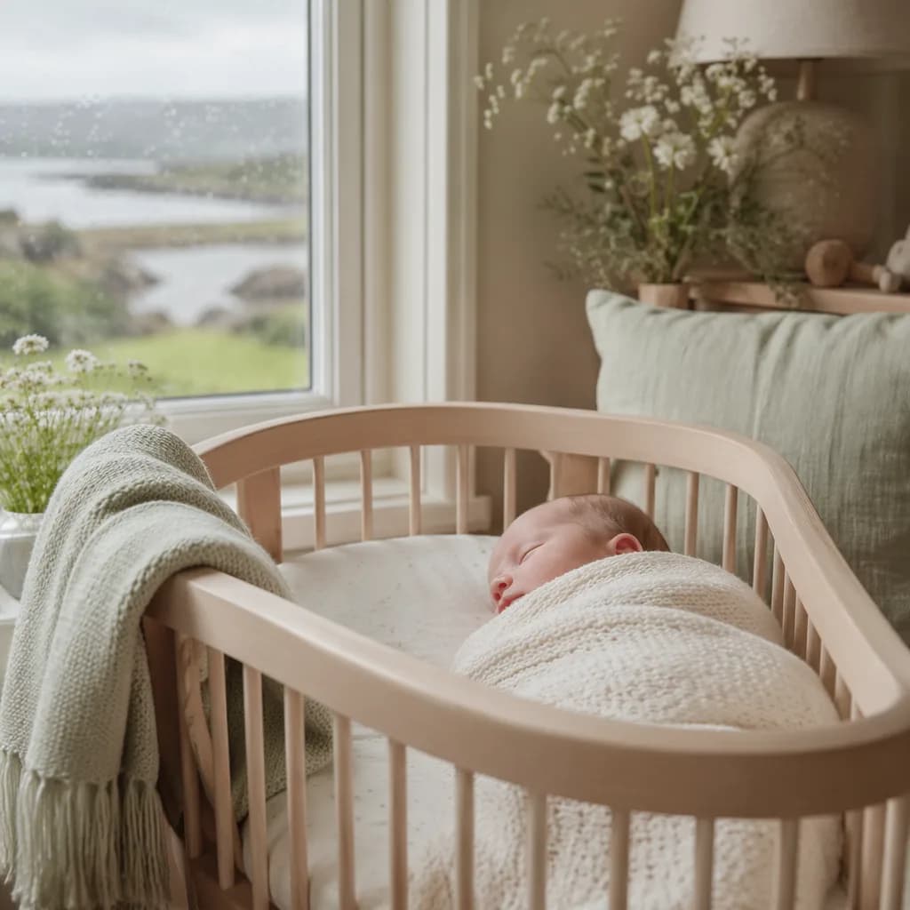 Sleeping newborn in a soft Irish-inspired pastel nursery with wildflowers and cozy linens.