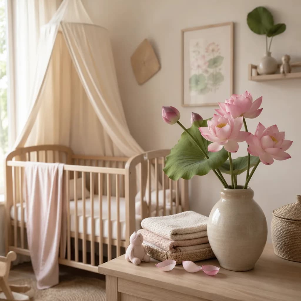 Soft nursery scene with pale pink lotus flowers and baby blankets for the name Liên.
