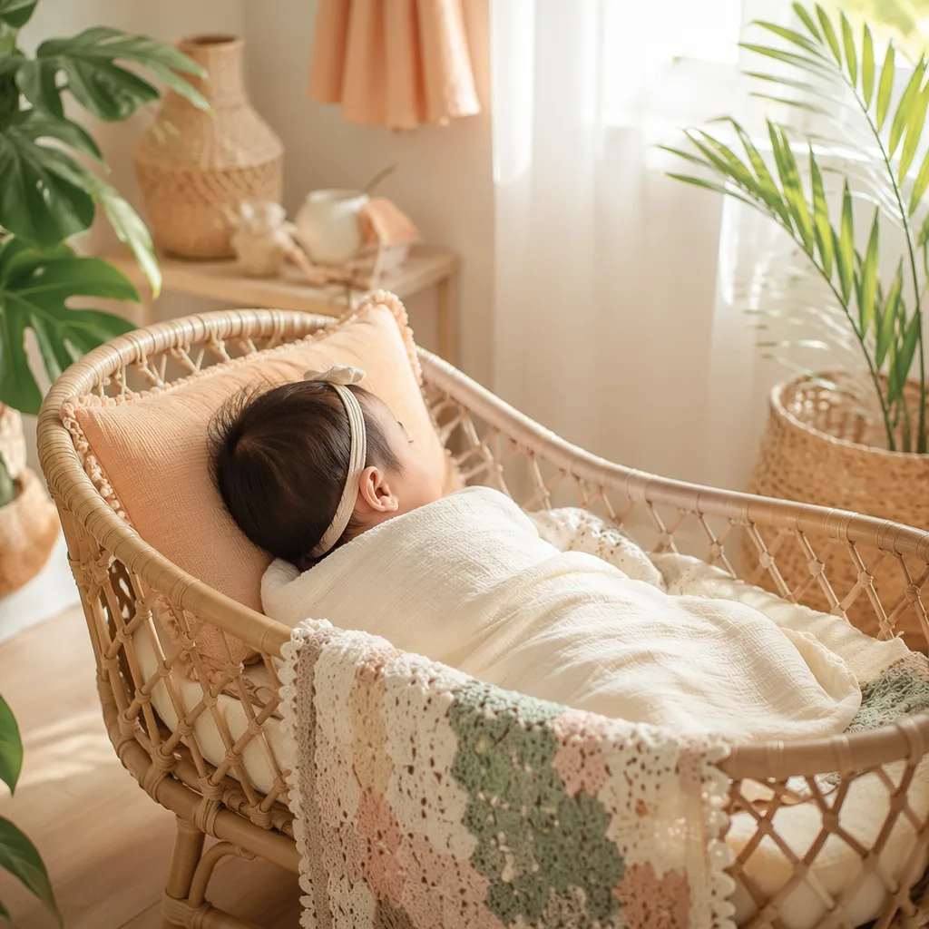 A cozy pastel nursery scene with a Filipino baby in a rattan bassinet, evoking joy and warmth.