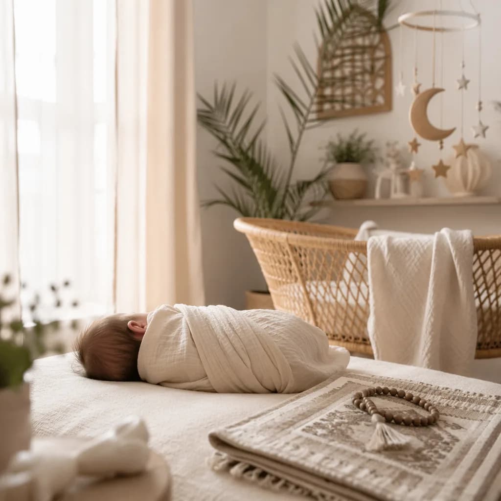 A softly lit pastel nursery with a swaddled baby, palm leaf decor, and gentle Arabic-inspired details.