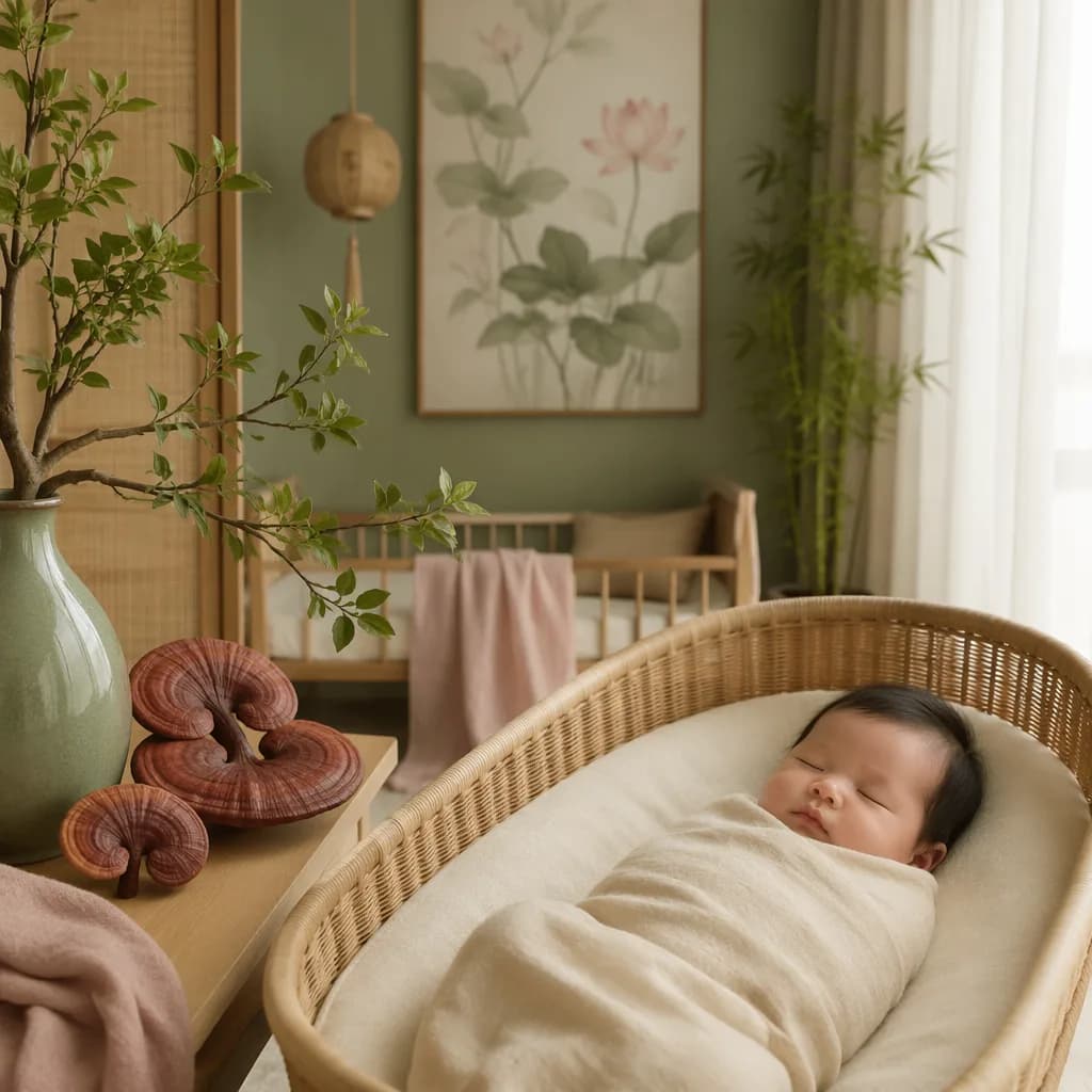 A peaceful pastel nursery with a swaddled baby and delicate botanical details inspired by Linh Chi.