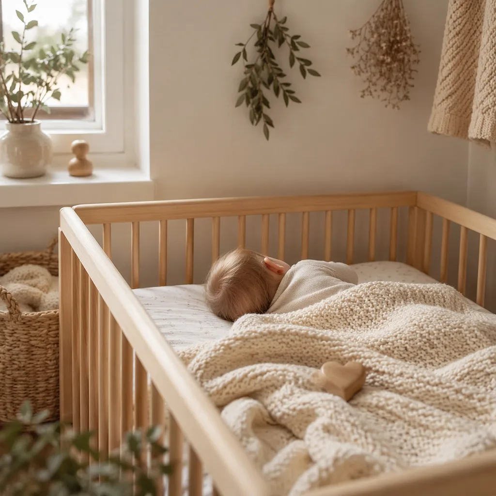 Soft Scandinavian nursery with a sleeping baby, knitted blanket, and gentle pastel decor.