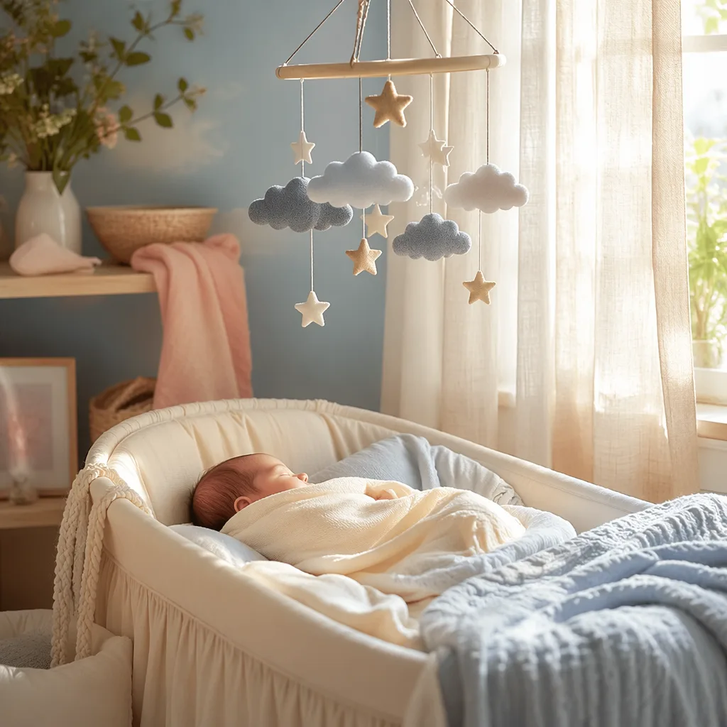 A softly lit pastel nursery with a swaddled sleeping baby and cloud-and-star mobile.