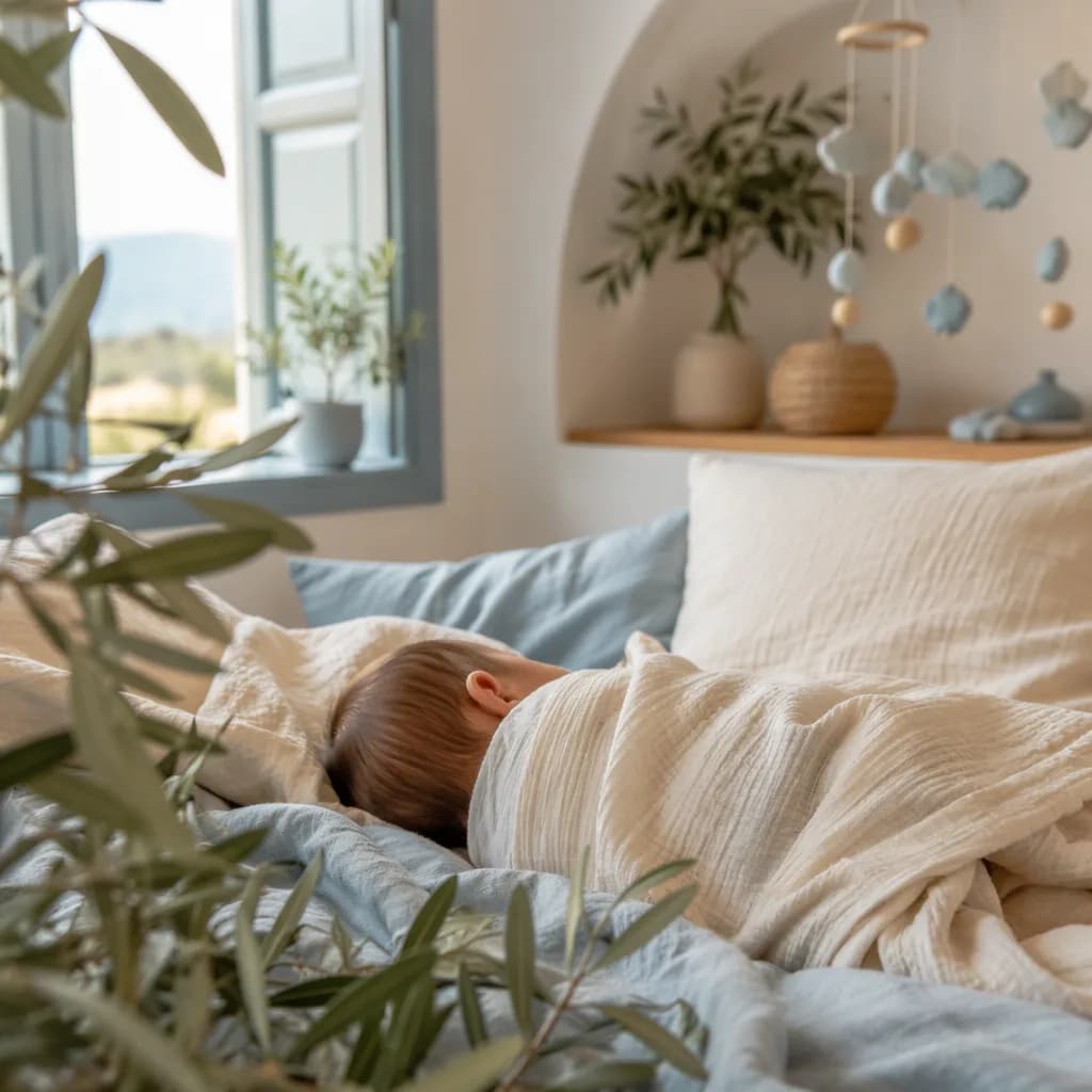 Soft Italian-inspired nursery scene with a swaddled baby and olive branches.