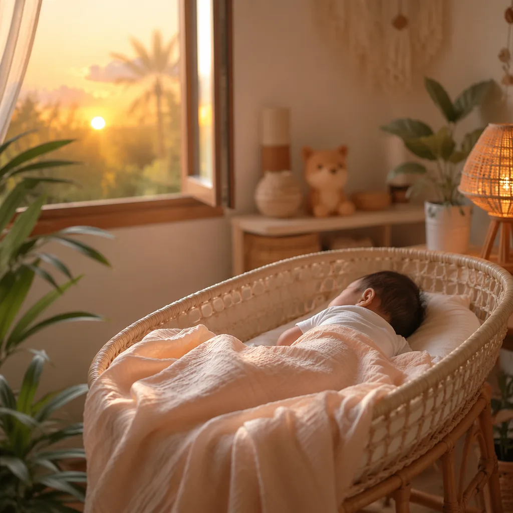 A peaceful Filipino baby nursery glowing with soft dawn light.