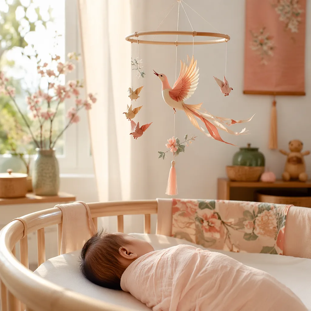 Soft pastel nursery with a sleeping baby and graceful bird mobile inspired by the Vietnamese name Loan
