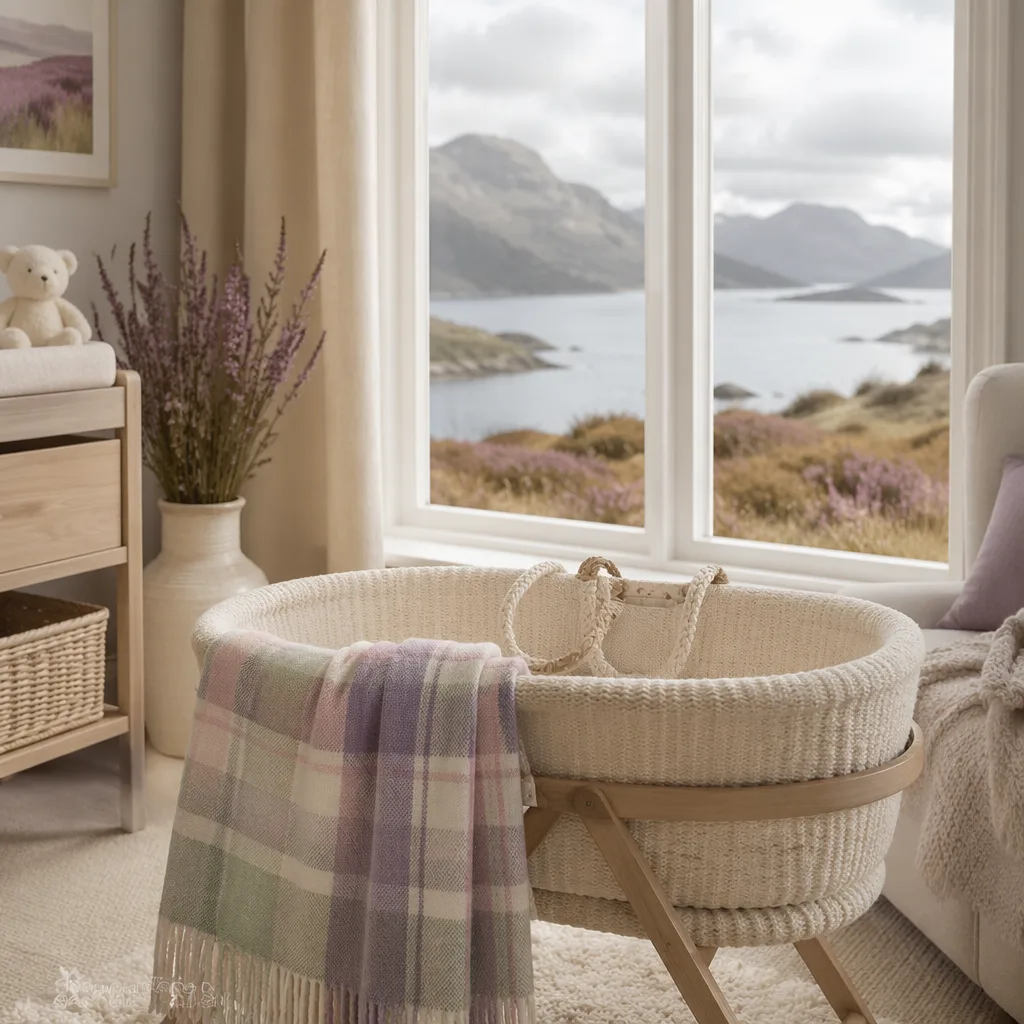 Cozy Scottish-inspired nursery with pastel tartan blanket and heather in soft natural light.