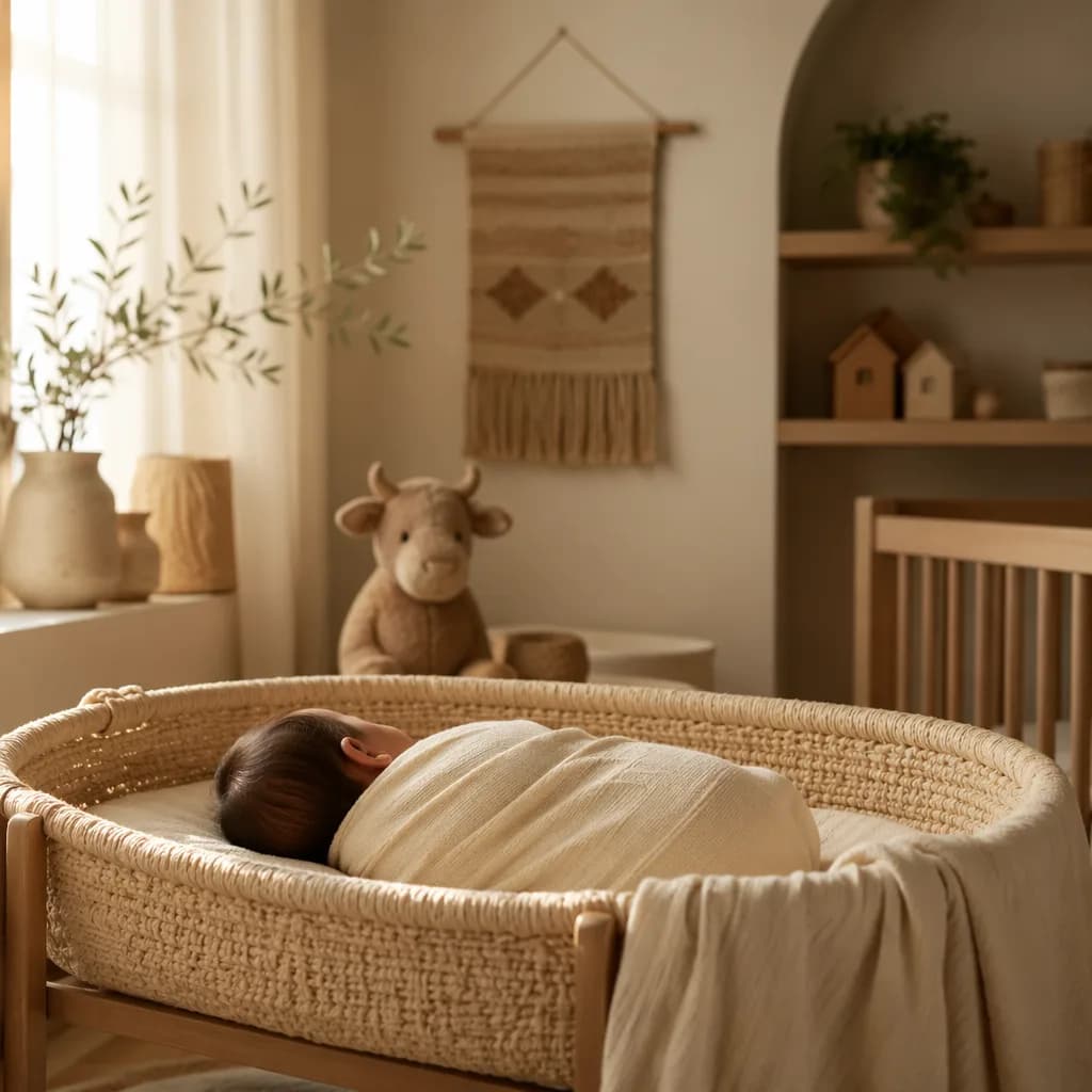 Soft pastel Arabic nursery scene with a swaddled baby and plush calf symbolizing strength.