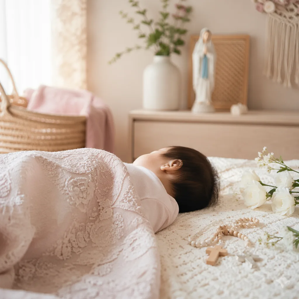 A peaceful Filipino baby sleeping in a soft pastel nursery with gentle keepsake details.