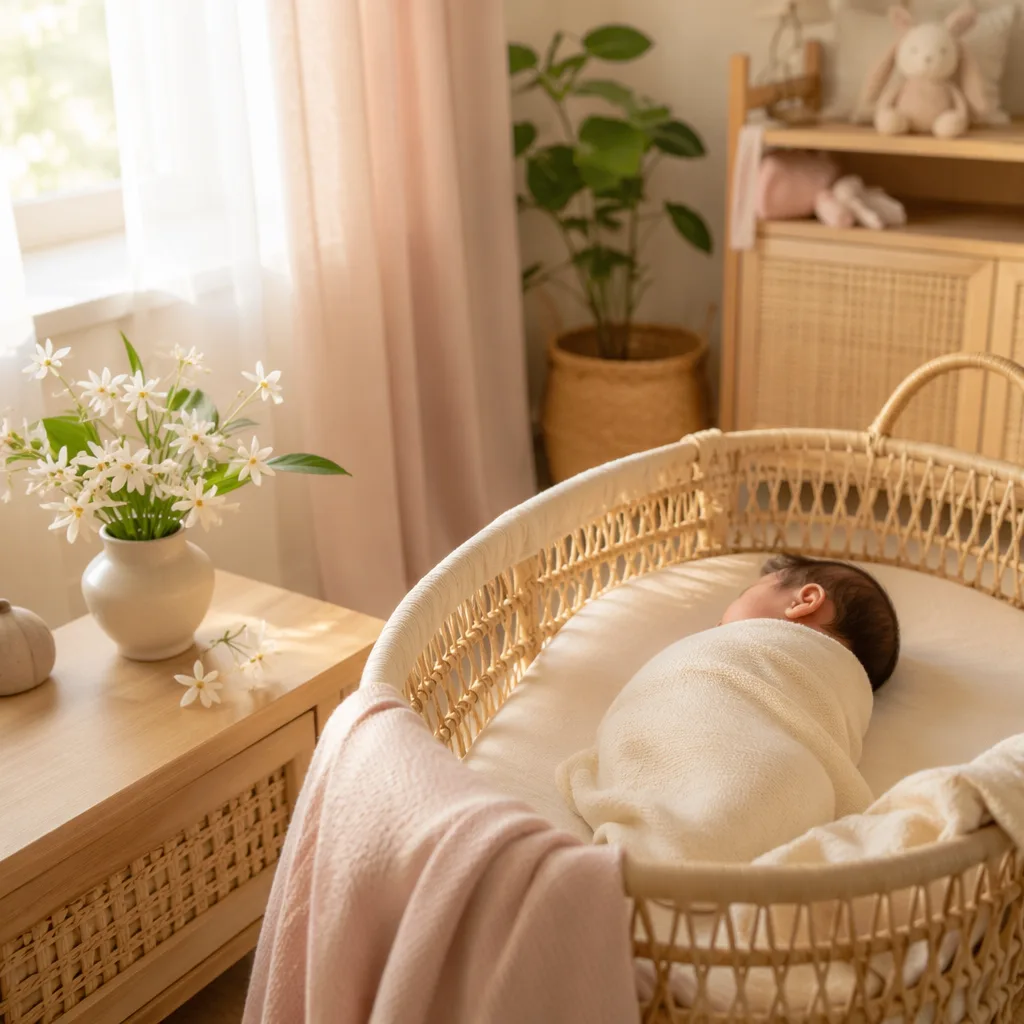 A peacefully sleeping newborn in a soft pastel nursery with sampaguita flowers and warm natural light.