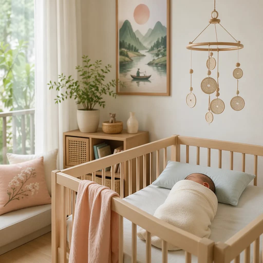 Sleeping Vietnamese baby in a soft pastel nursery with warm natural light and a bamboo mobile.