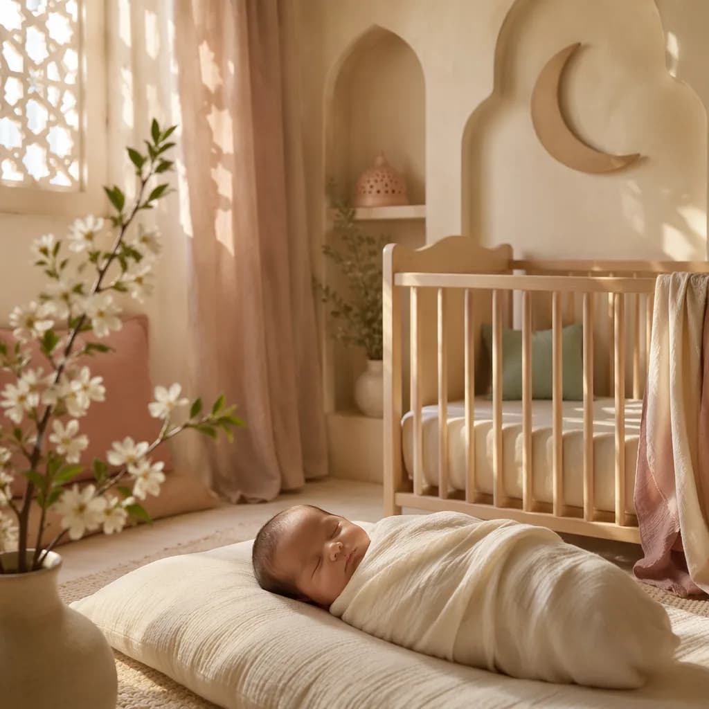 Sleeping baby in a soft pastel Arabic-inspired nursery with dawn light and delicate blossoms.