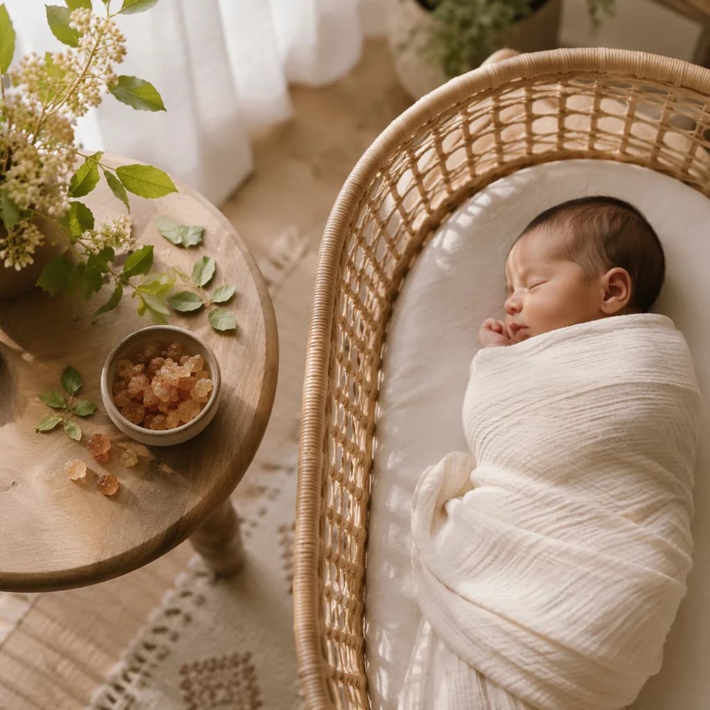 A softly lit nursery with a swaddled sleeping baby and delicate resin-inspired accents.