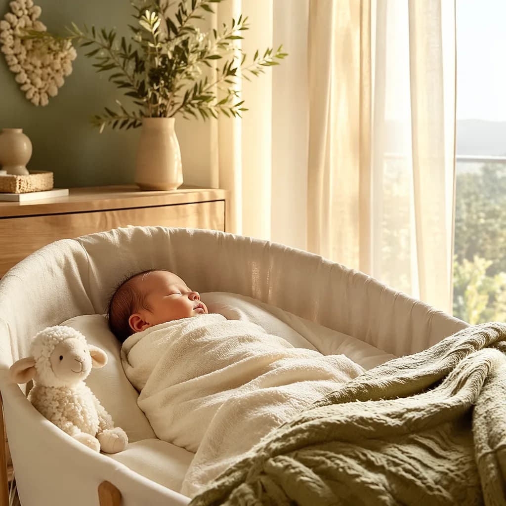 Sleeping newborn in a soft Spanish-inspired nursery with gentle sunlight and green accents.