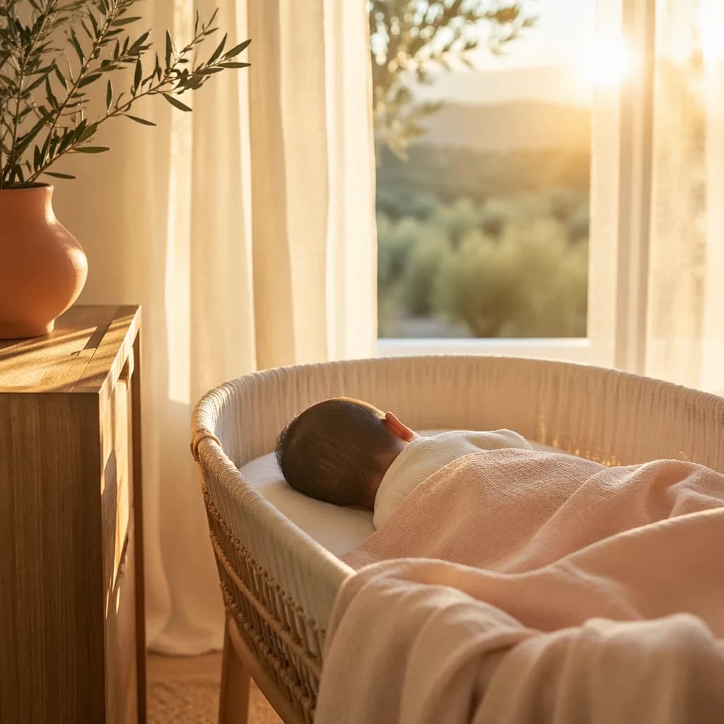 A softly lit pastel nursery with a sleeping baby in a bassinet and warm sunrise light.