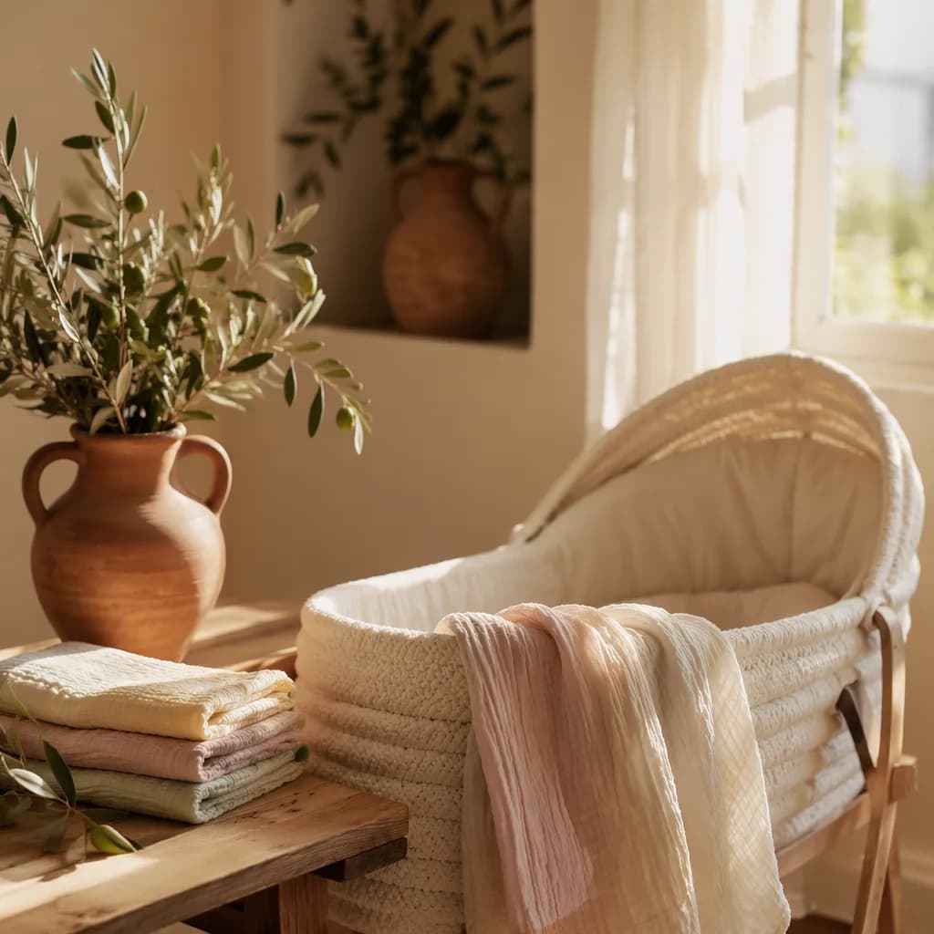 Soft Italian nursery still-life with a bassinet, pastel linens, olive branches, and warm morning light.