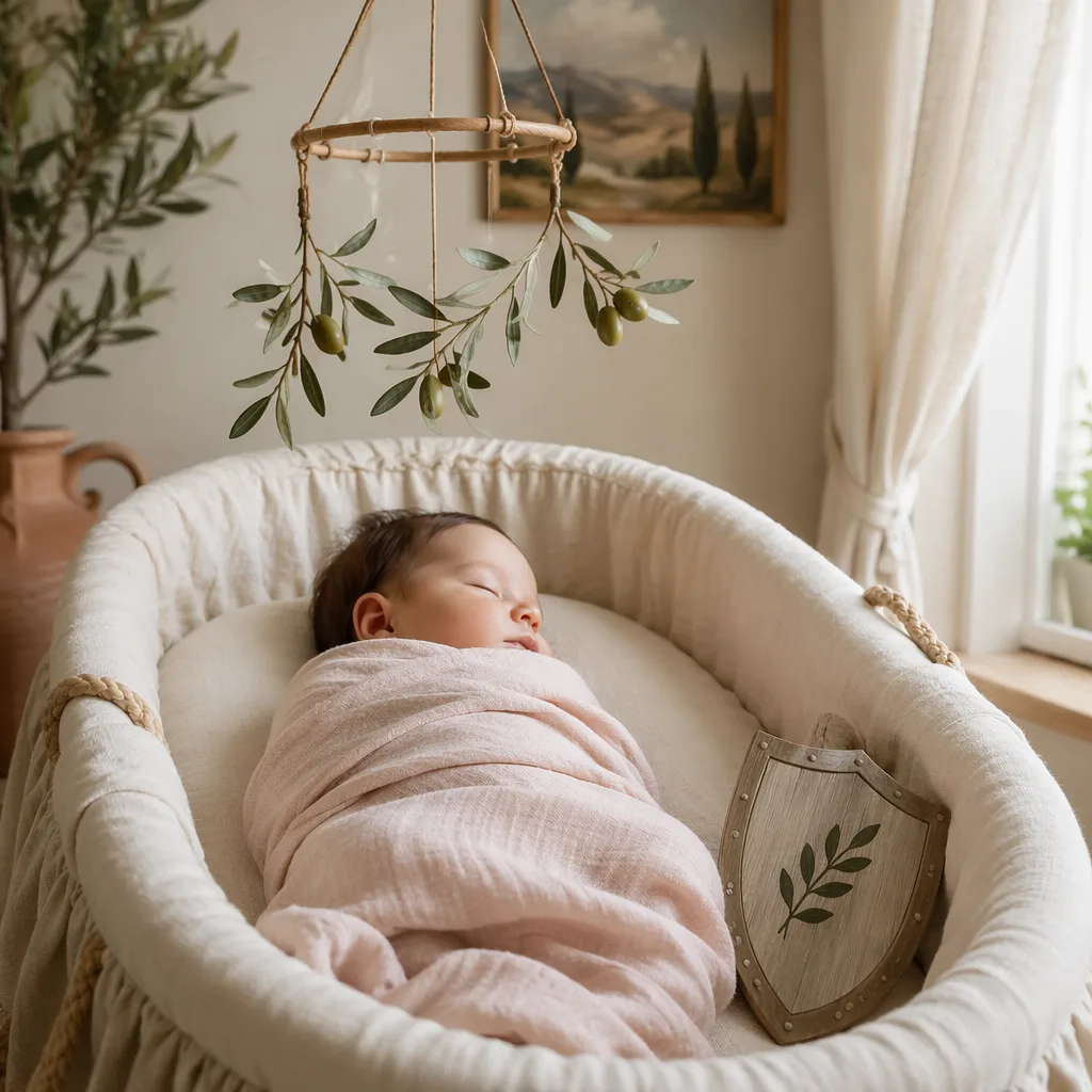 Sleeping baby in a soft Italian-inspired nursery with olive branch and wooden toy shield accents.