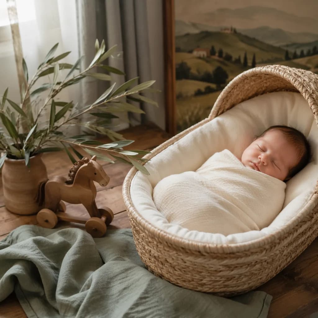 Sleeping baby in a soft Italian-inspired nursery with olive branch and wooden toy horse.