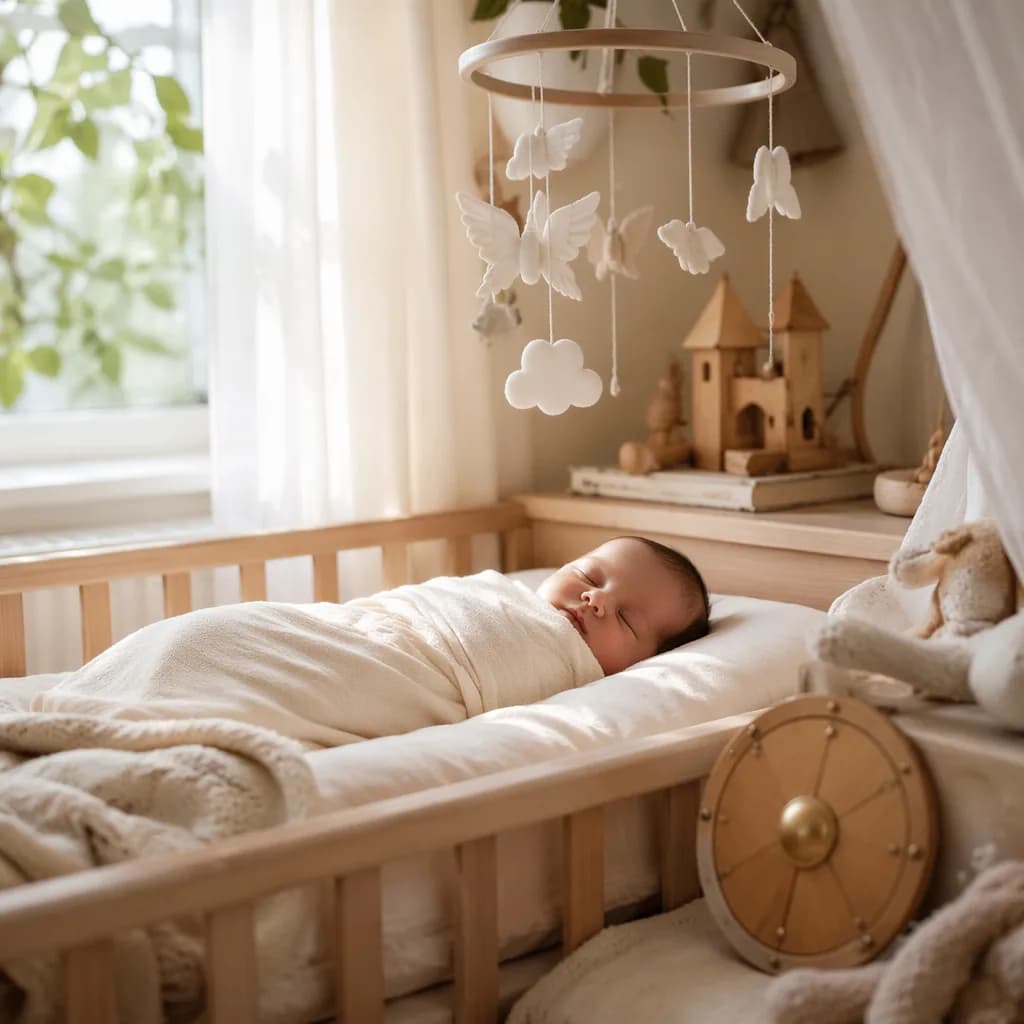 Sleeping swaddled baby in a soft pastel nursery with angelic decor.