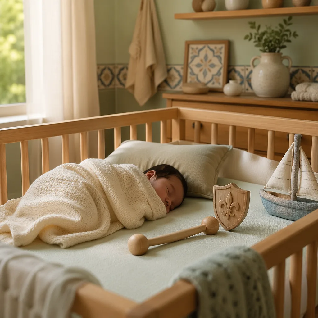 A peaceful Portuguese-inspired nursery with a swaddled sleeping newborn and soft pastel decor.