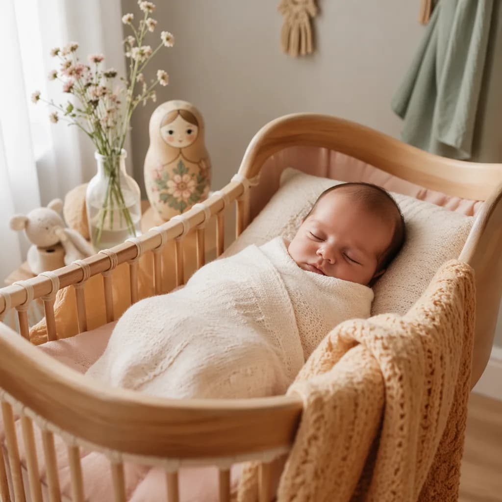 Sleeping swaddled baby in a soft pastel Russian-inspired nursery with wooden toys and flowers.
