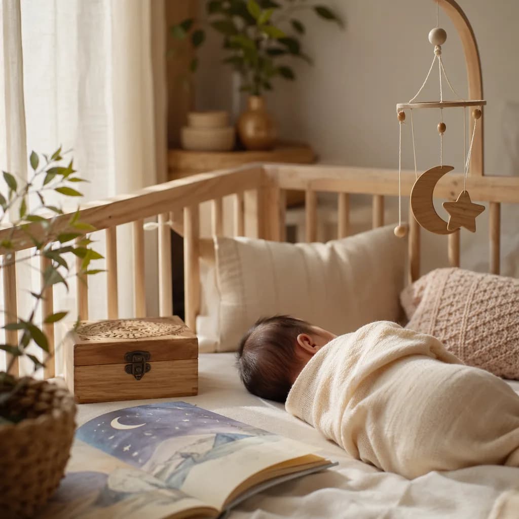 Peaceful Indonesian baby in a soft pastel nursery with cozy wooden details and a storybook.