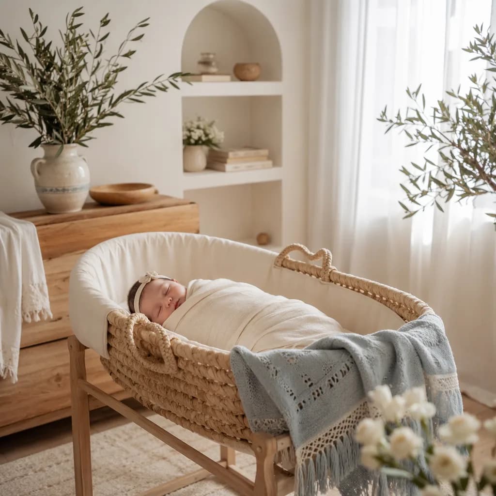 Soft Greek-inspired nursery with a peacefully swaddled newborn and olive branch accents.