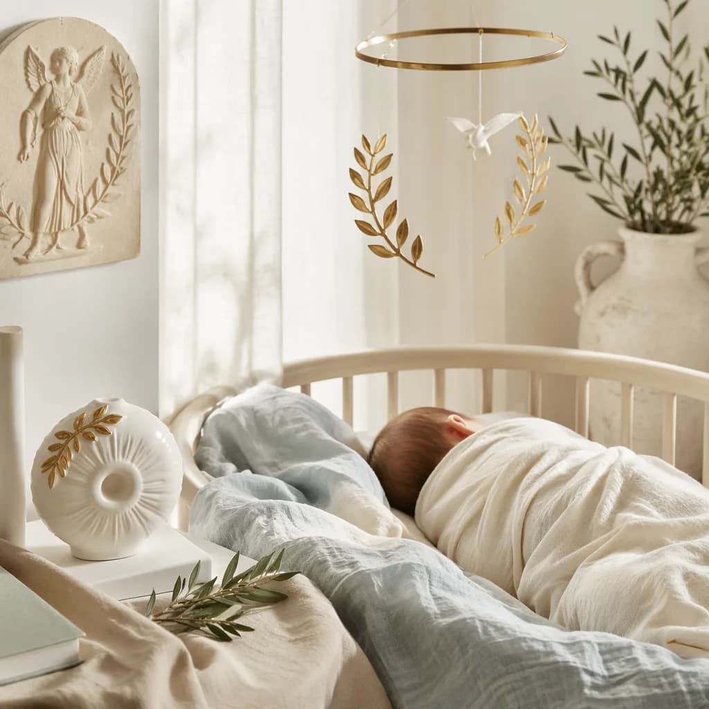 Sleeping swaddled baby in a soft Greek-inspired nursery with olive and laurel accents.